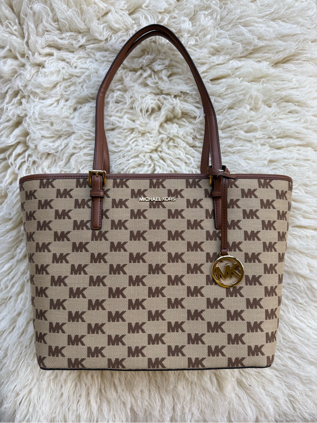 Michael Kors Brown & Beige Mk Logo Tote With Gold Charm